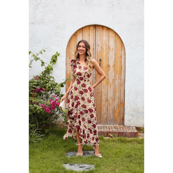 Women's Floral Summer One Shoulder Maxi Dress Ruffle High Low Wedding Guest - Picture 6 of 7